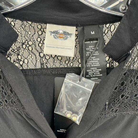 Harley Davidson Mixed Media Lace Velvet Button Top Sz M Black Rhinestone Tunic - Picture 5 of 6